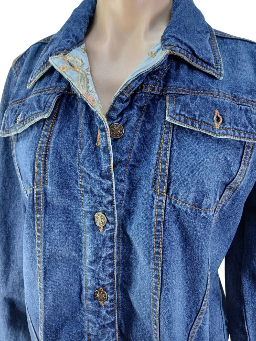 Contemporary Daniel K Denim Jacket Brocade Line Collar Cuffs Size M Blue Cotton - Picture 4 of 9